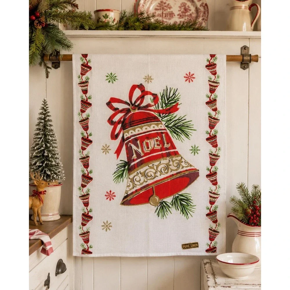 Vintage Pure Linen Christmas Tea Towel Red Bells Holiday Kitchen Decor